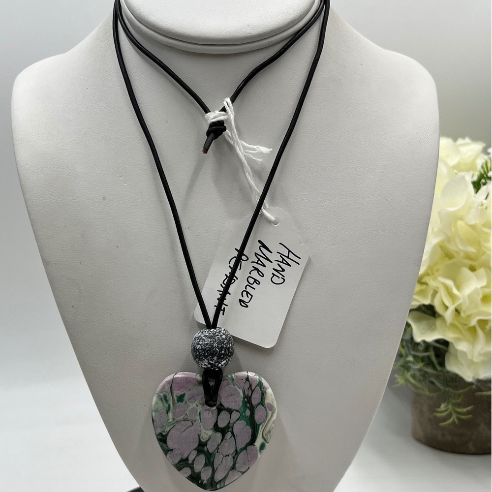 Handmade Hand Marbled Polymer Clay‎ Purple Green Heart Pendant Chord Necklace